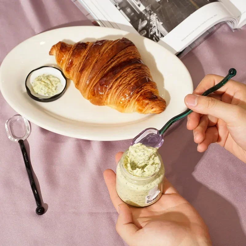 1Pc creative glass milk spoons colored transparent coffee dessert stirring spoon long handle spoon kitchen tableware glass spoon
