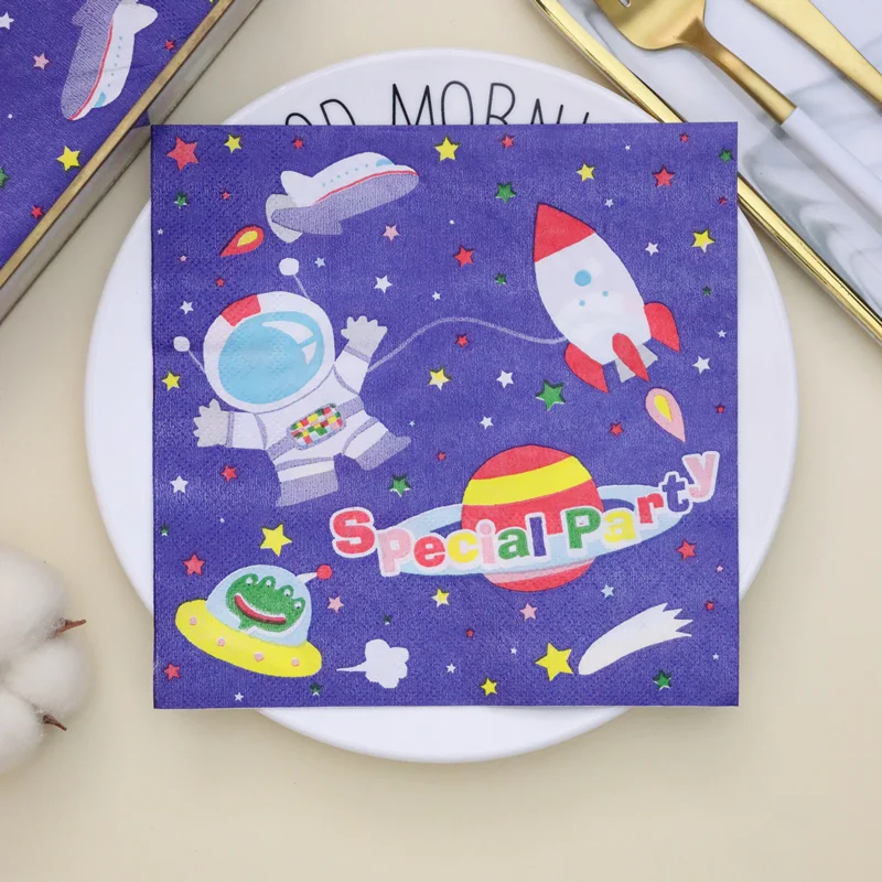 

Printed Paper Napkins Hotel Baby Party Birthday Cartoon Space Astronaut Cup Flower Mouth Cloth Coloured Napkins Purple Napkins
