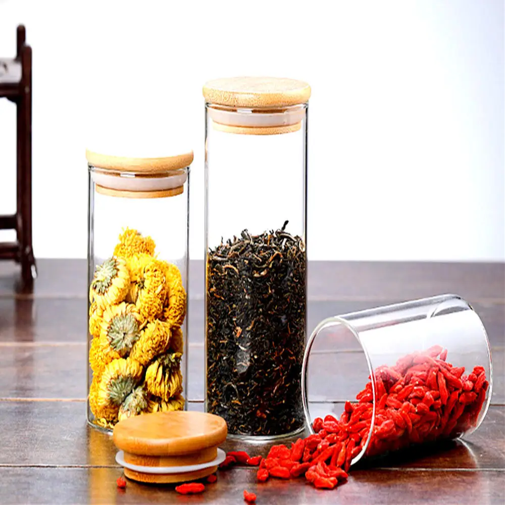 Glass Jar With Bamboo Lid Sealed Canister Food Storage Bottles Container Storage For Loose Tea Coffee Bean Kitchen Accessories 4
