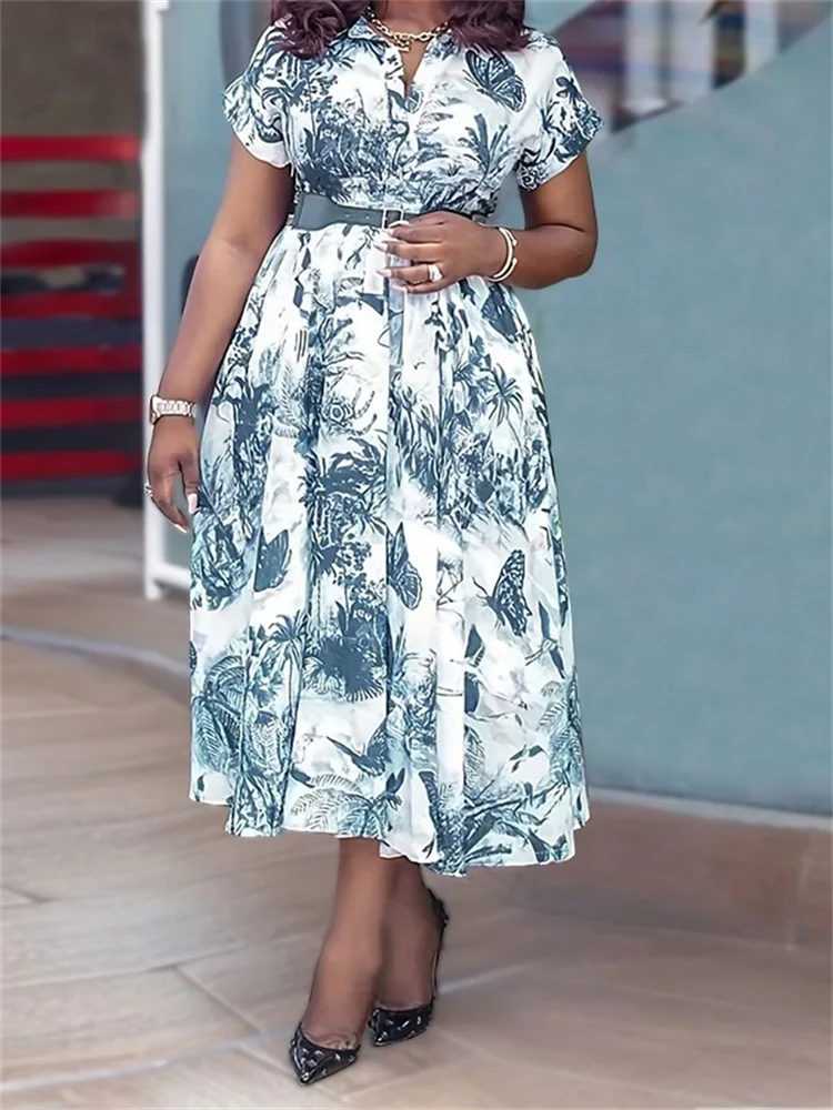 Wmstar Plus Size Dresses for Women New in Summer Elegant Vintage Short Sleeve Print Maxi Dress Wholesale Dropshipping with Belt