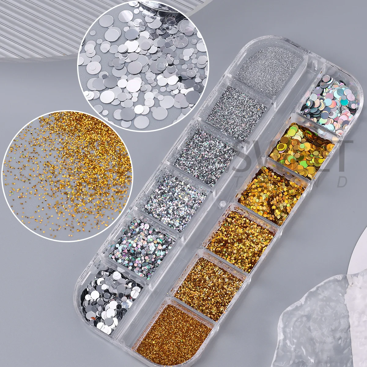 12 Grids Gold Silver Round Nail Glitter Sequins Mirror Circular Slices Spangles Sparkly Powder Gorgeous New Year Manicure Decor