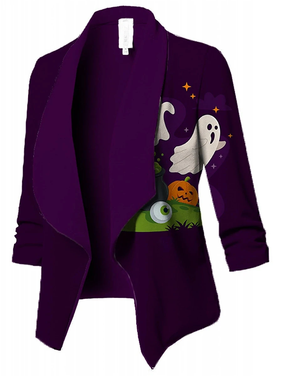 Women's Blazer Halloween Ghost Print Suits Coat Skull Party Cosplay Open Front Short Cardigan Fashion Regular Fit Outerwear