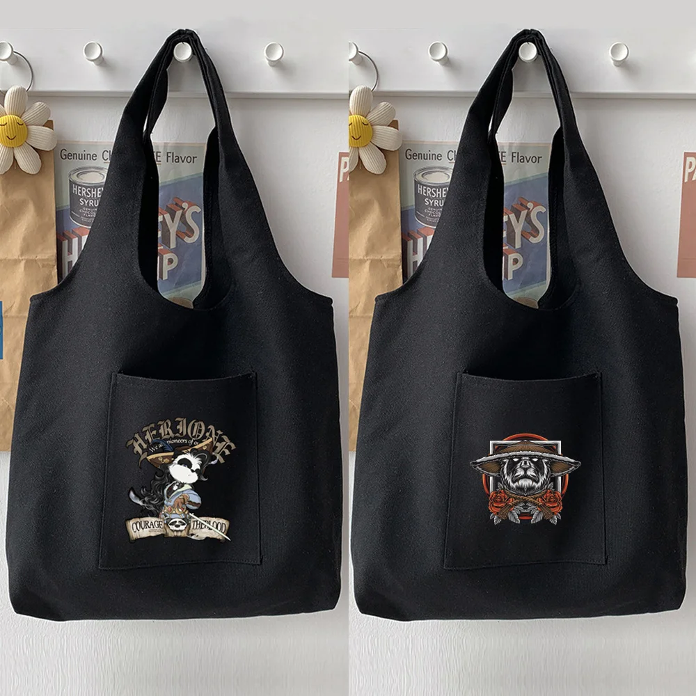 

Woman Bag Casual Shoulder Bag Tote Bag Handbag Cartoon Samurai Pattern Printed Soft Canvas Bag Japanese Black Basic Commuter Bag