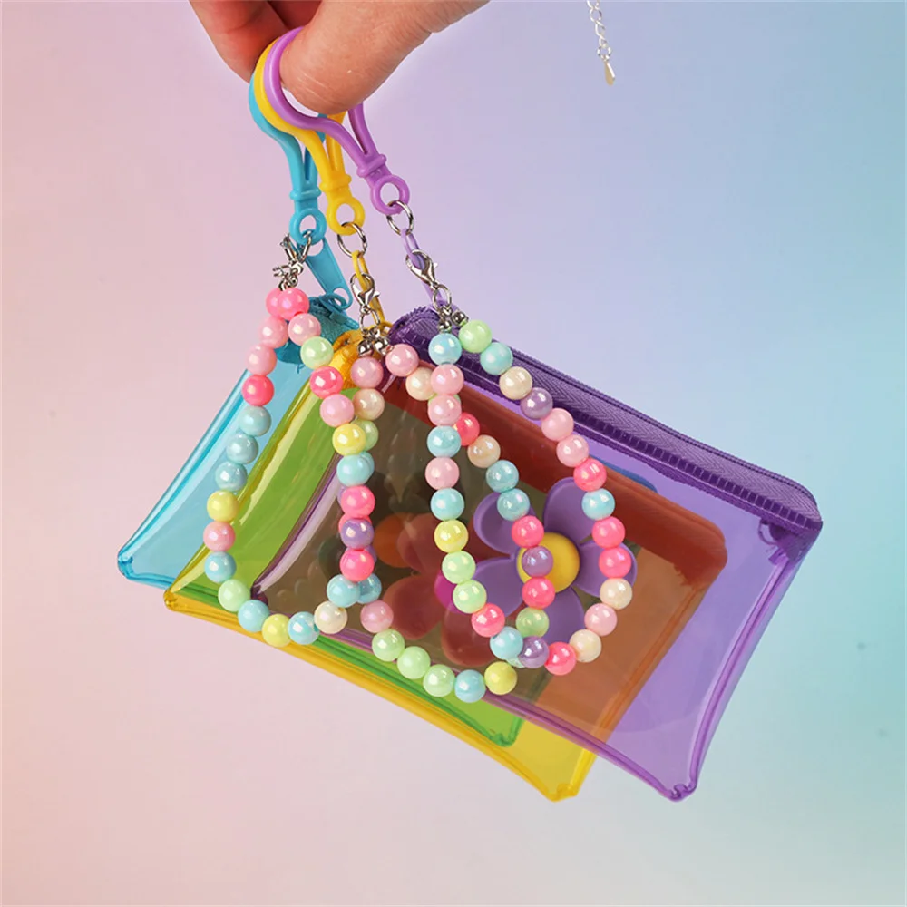 Colorful PVC Transparent Coin Purse Mini Earphone Storage Bag Ins Bead Chain Key Bags Card Organizer Flower Zipper Wallet