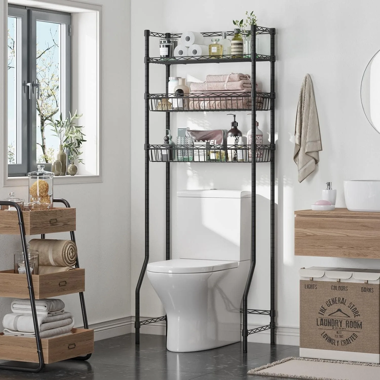 3 Tier Over The Toilet Storage Shelf Black Bathroom Storage Shelf,Space Saver Organizer, Above Toilet Stand