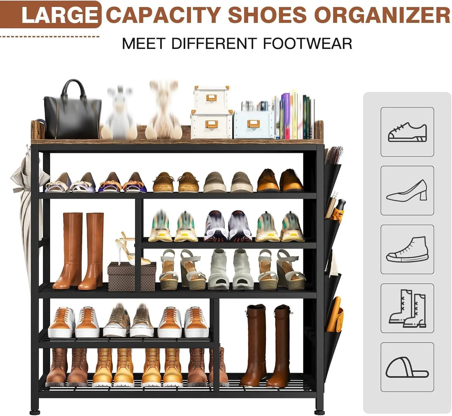 Metal Shoe Rack for Entryway, 6 Tier Shoe Storage Organizer Holds 22 Pairs, Wooden Top and Side Pocket for Entry,