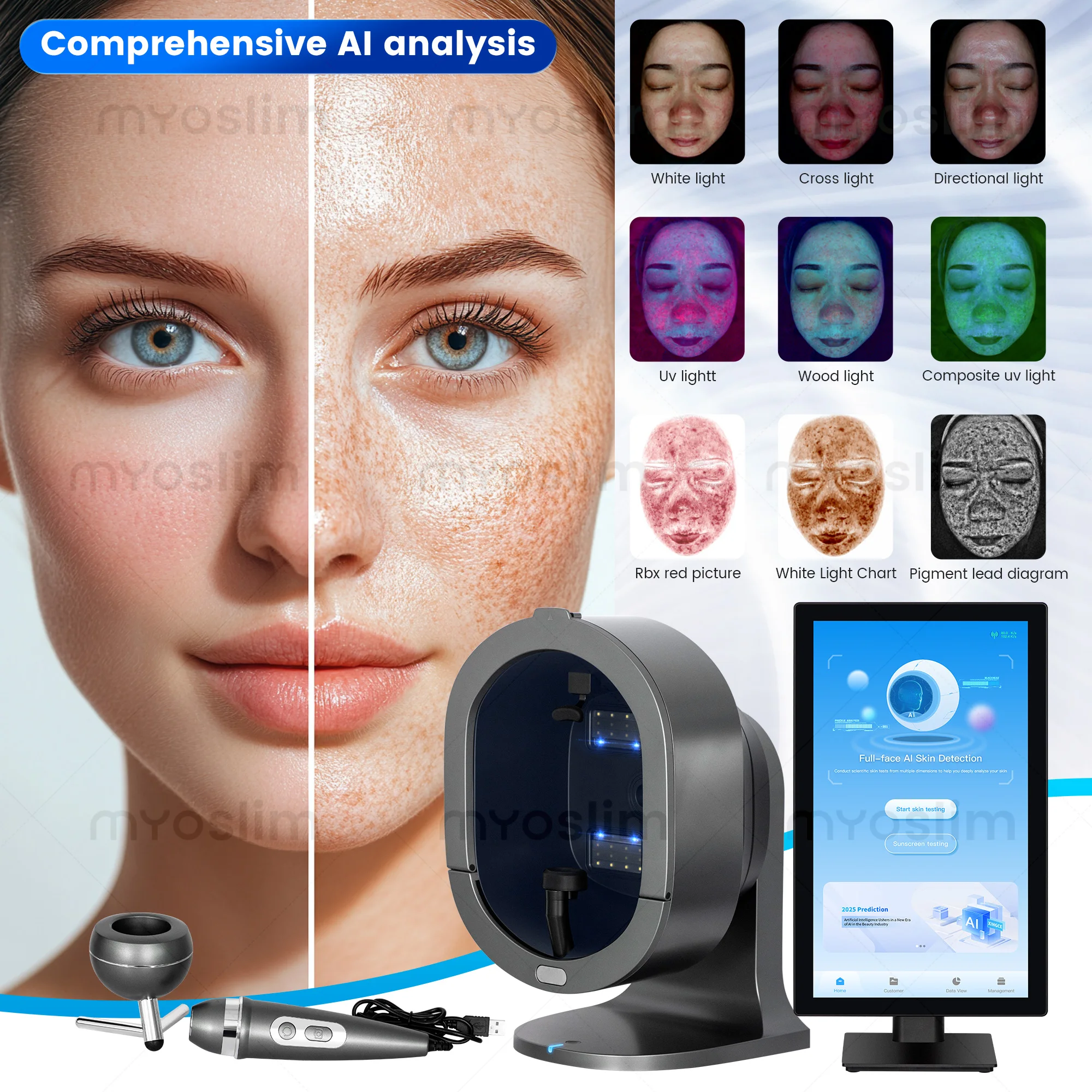 X5 3D 얼굴 피부 문제 AI 분석기 얼굴 스캐너 분석기 테스트 3600만 화소 HD 카메라 8 스펙트럼 피부 분석기