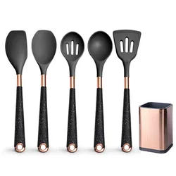Elegant Rose Gold Silicone Cooking Utensils Set with Heat Resistant Non - Stick Tools and Stylish Bucket (Black - 05 - 1)