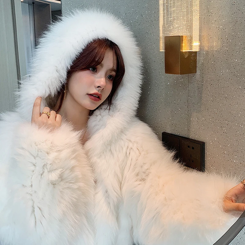 Double Faces Faux Fur Coat Korean Fashion Women Thick Warm Hooded New Faux Fur Coat Long Sleeves