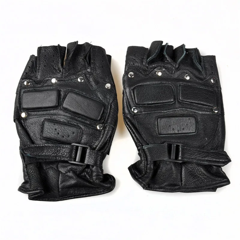 Black Genuine Leather Anti-Skid Tactical Fingerless Gloves Mens Sports Riding Half Finger Gloves Mittens