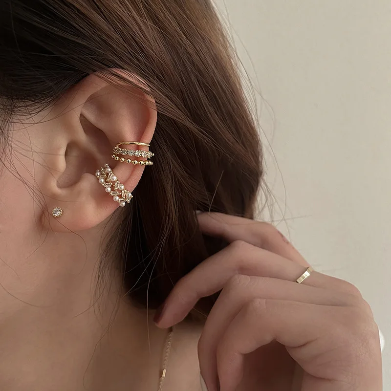Ear Clip Earrings Clip Earrings Ear Clip Ear Accessories Korean Fashion Double Layer Pearl Clip Earrings For Women Girls Luxury Zircon Ear Cuff Clip Without Pierced Ear Cuff Jewerly