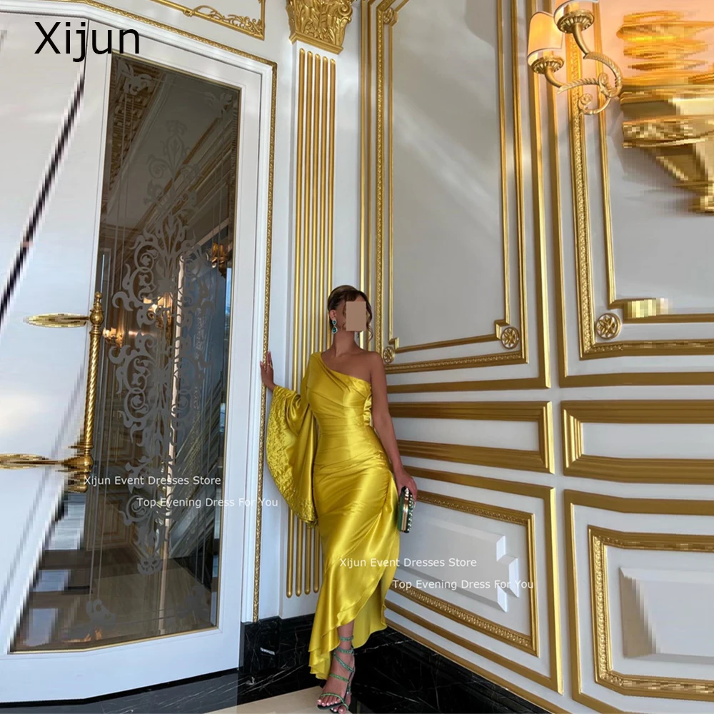 

Xijun Yellow Satin Mermaid Evening Dresses Short One Shoulder Formal Prom Dresses Ankle Length Beads Prom Gowns Elegant Dubai