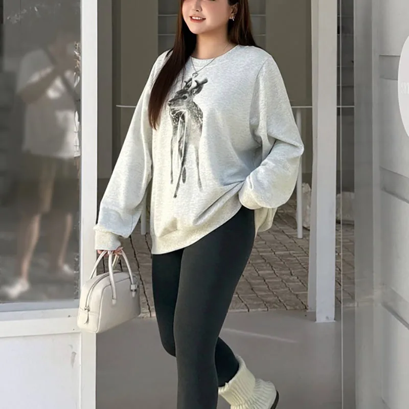Fashion Plus Size Women's Hoodies Premium Casual Autumn Loose Round Neck Deer Print Sweatshirt 9285