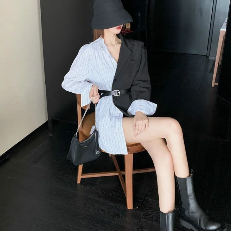 Vintage Patchwork Blazers Women Korean Fashion High Street White Black Blazer  Spring Autumn Chic Slim Outwear All-match
