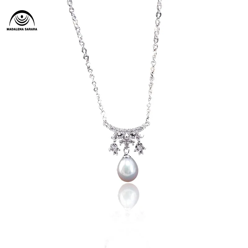 

MADALENA SARARA S925 AAA Freshwater Pearl Inlaid Pendant Sterling Silver Chain Necklace AAAA Zircon Inlaid Style