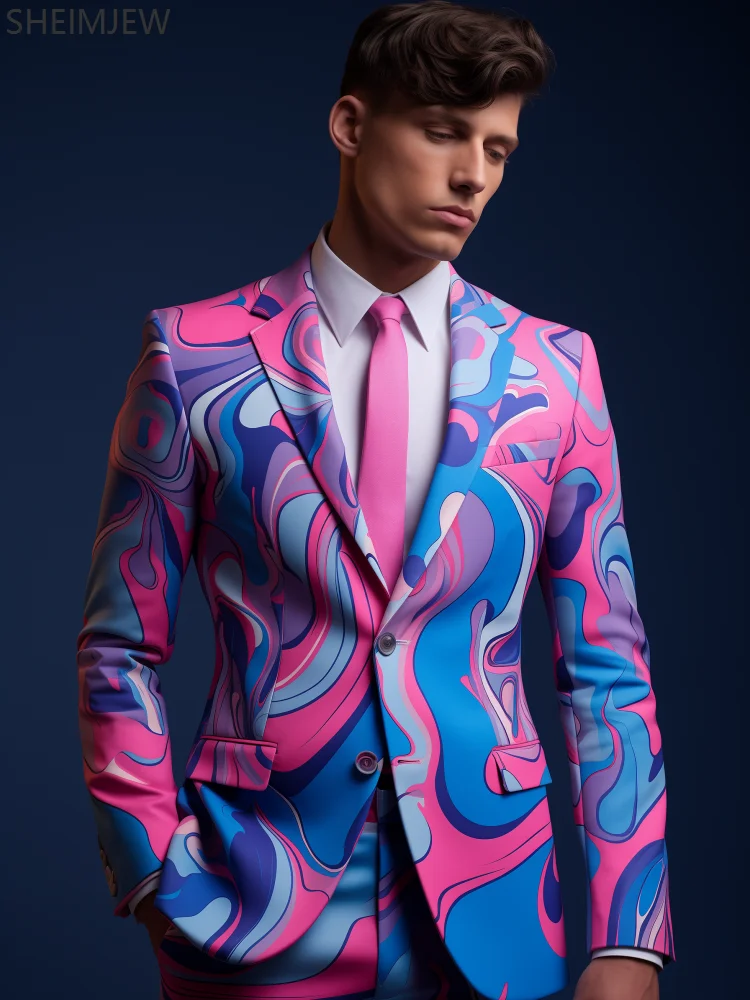 American Flag Men's Suit Set Adult Cow Graffiti Print Wedding Party Cosplay Fashion Evening Dress Costume Stage Gentleman Slim