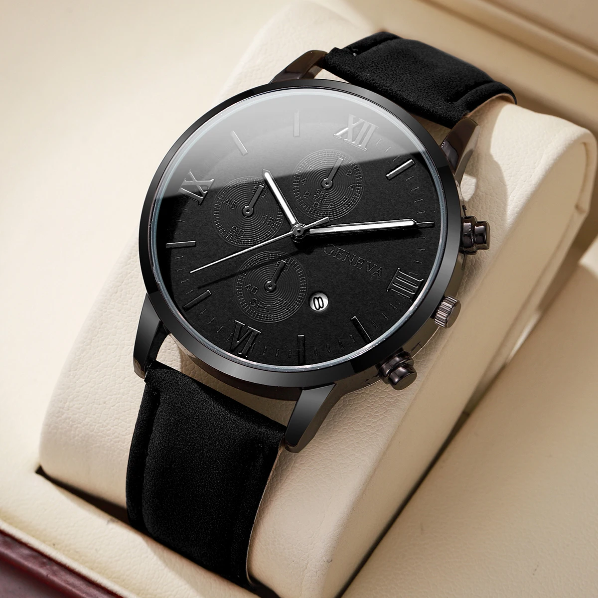 1/2PCs Men's Casual Calendar Watch Fashionable Men's Temperament Leather  Quartz Watch Unisex Watch Set(Box Not Included) 3