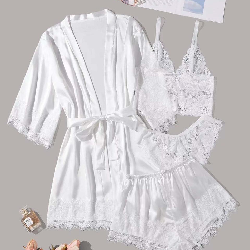 Luxury 4-Piece Lace Loungewear Set - Camisole + Shorts/Pants + Kimono Robe | Women's Sexy Sleepwear Collection