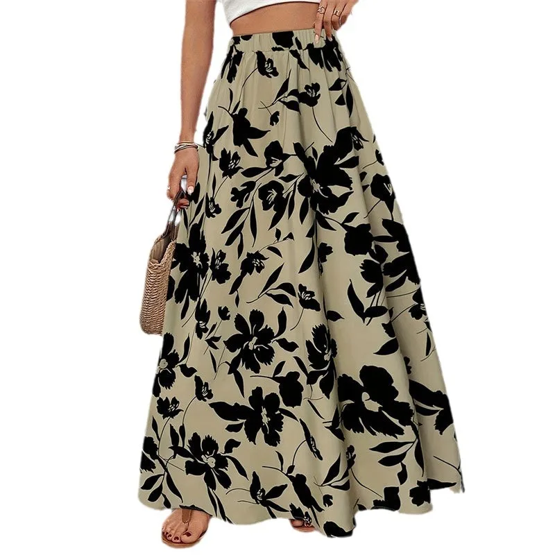 Elastic Waist Flowers Printed Long Women's A-line Skirt
