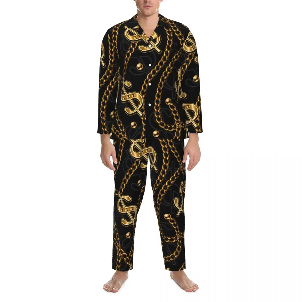 

Пижамный комплект с золотистой цепочкой и принтом доллар США симпатичная одежда для сна мужская Повседневная Свободная ночная рубашка с длинным рукавом для спальни из 2 предметов большого размера