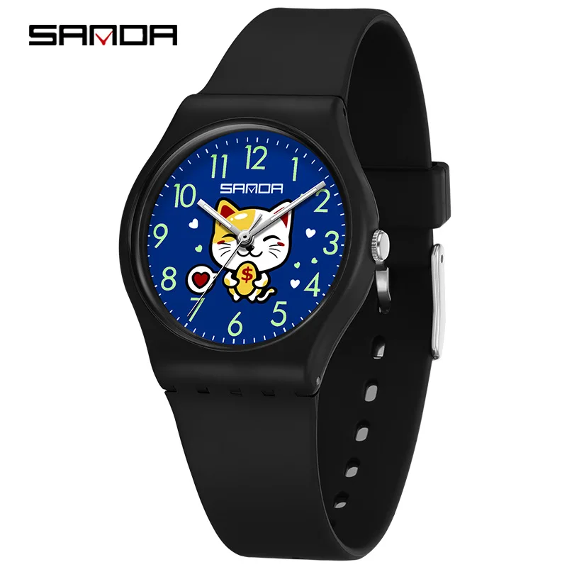 Fashion Sanda 6139 Student Quartz Watch Creative Cute Cartoon Wealth Cat Silicone Strap Wristwatch For Boys And Girls Clock Gift 5