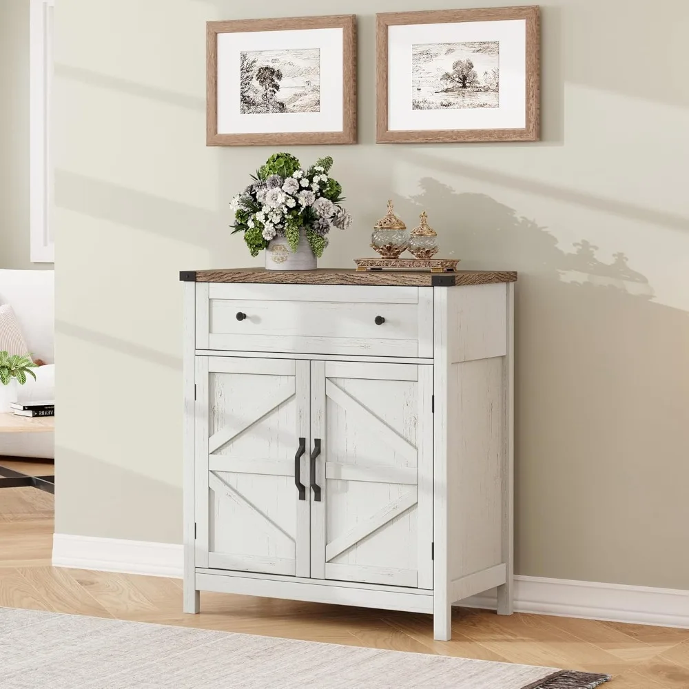Farmhouse Kitchen Storage Cabinet with Drawer, White Coffee Bar Sideboard for Living Room
