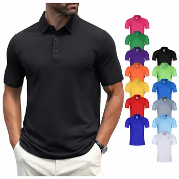 Polo da uomo estiva tinta unita con risvolto a maniche corte casual quotidiana da esterno Top con bottoni alla moda 13 colori 1