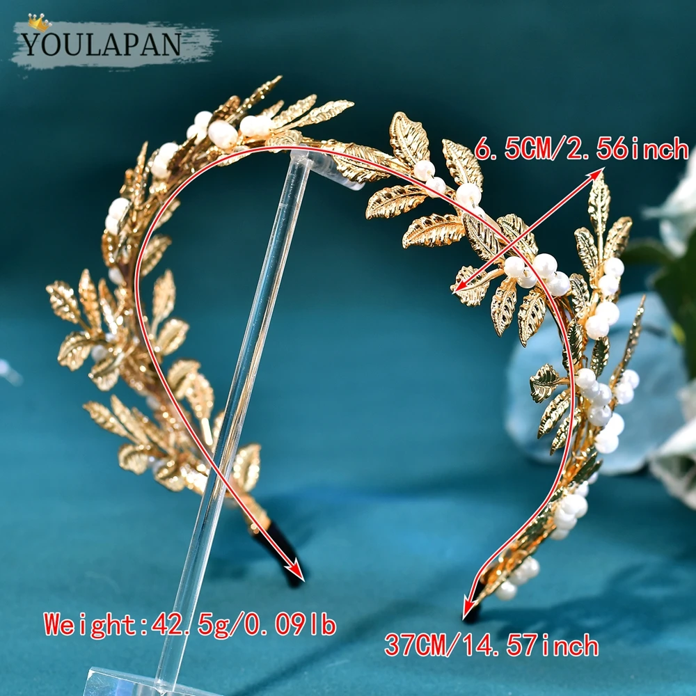 YouLaPan 황금 합금 잎 신부 머리띠 진주 머리 장식 수제 웨딩 티아라 헤어 액세서리 연회 머리 장식 HP1039
