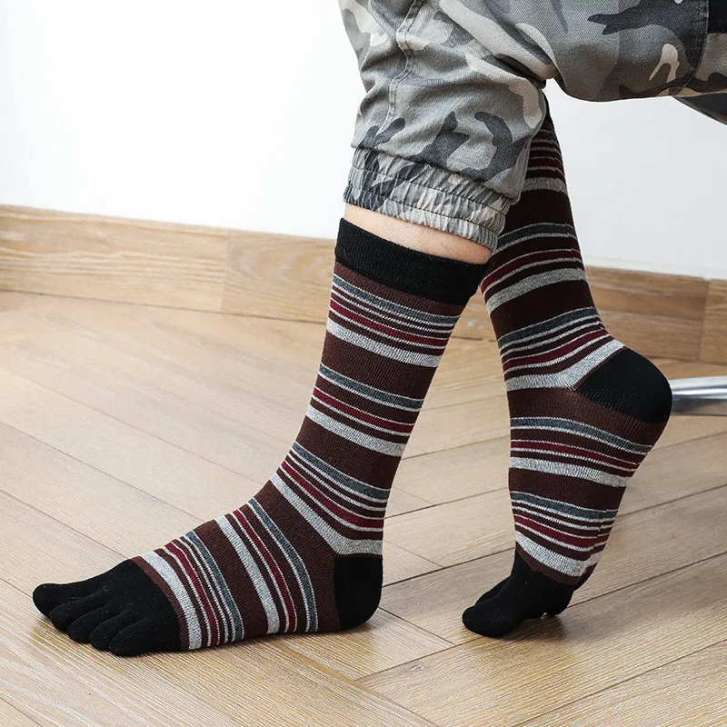 5 Pairs Man Calf Socks with Fingers Long Cotton Fashion Thin Striped Business Sport Separate Toe Sock Japanese Style Warm Sokken