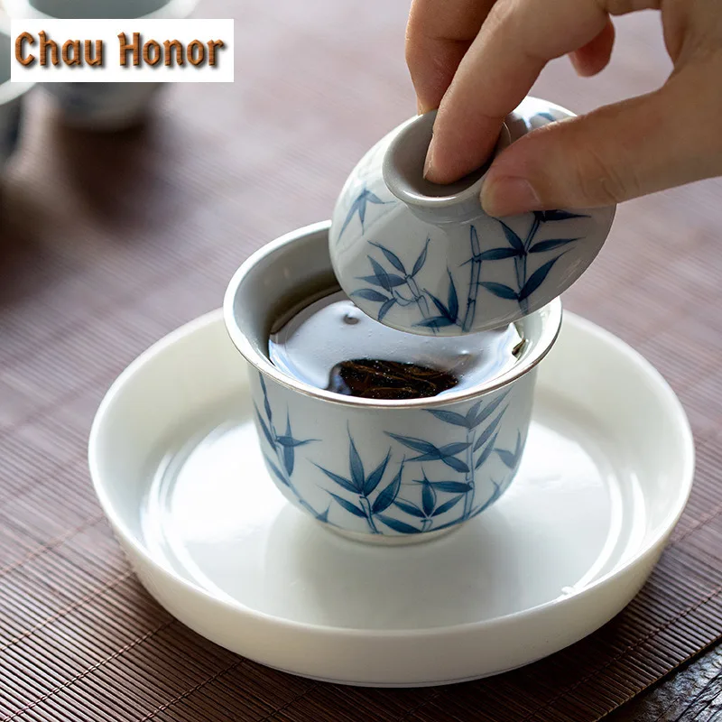 85ml White Porcelain Tea Tureen Hand Painted Bamboo Ceramic Gaiwan Tea Maker Tracing Silver Covered Bowl Kung Fu Tea Set Crafts