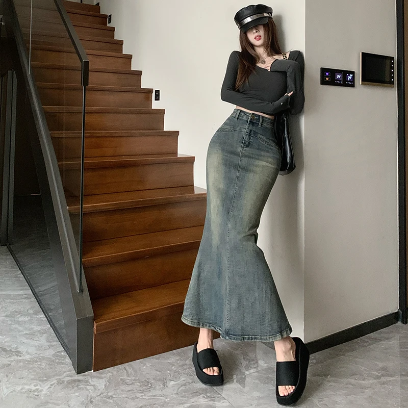 2023 Spring New Fishtail Denim Skirts Women Fashion Vintage Elegant High Waist Slim Slit Long Skirt Female