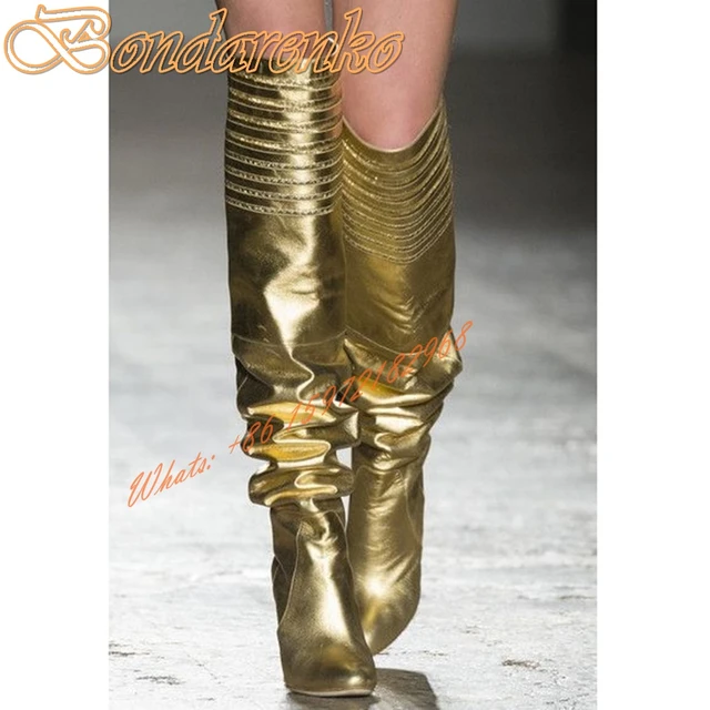 Bling Shiny Leather Boots Pointy Toe Solid Gold Chunky High Heels Slip On  Pleated Knee High Boots Women Sexy Shoes Winter New - AliExpress