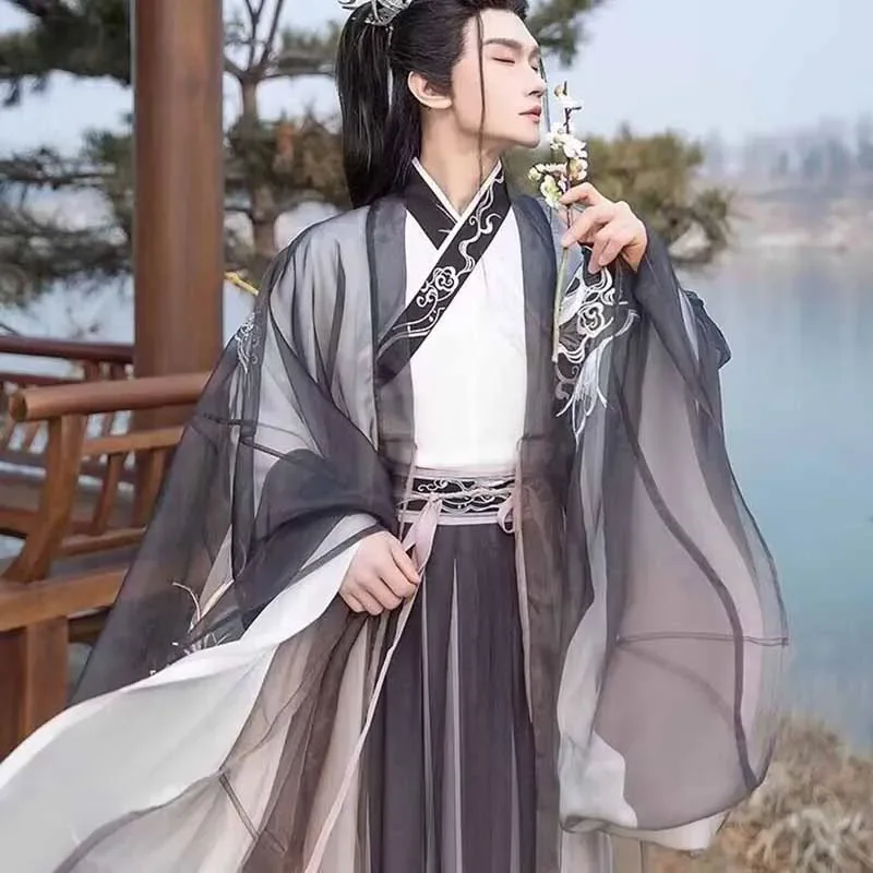 

Мужской Традиционный китайский костюм Hanfu для косплея, старинная модель, мужской карнавальный костюм на Хэллоуин, голубые и черные комплекты из 3 предметов