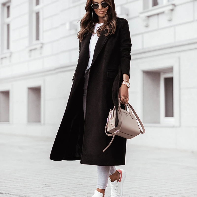 New Long Sleeve Outerwear Women Simple Lace-up Solid Long Cardigan Coats Autumn Winter Elegant Lapel Wool & Blends Jacket Tops
