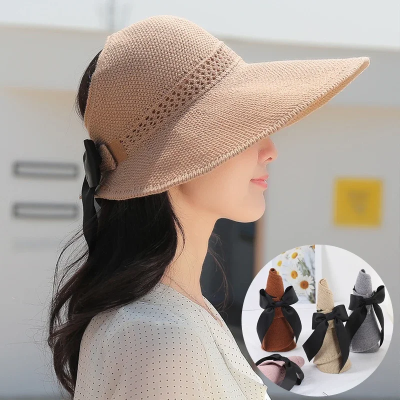

New Fashion Outdoor Summer Beach Bow Bucket Hat Women Lady Mesh Hollow Out Empty Top Folding Sun Hats Panama Fisherman Cap