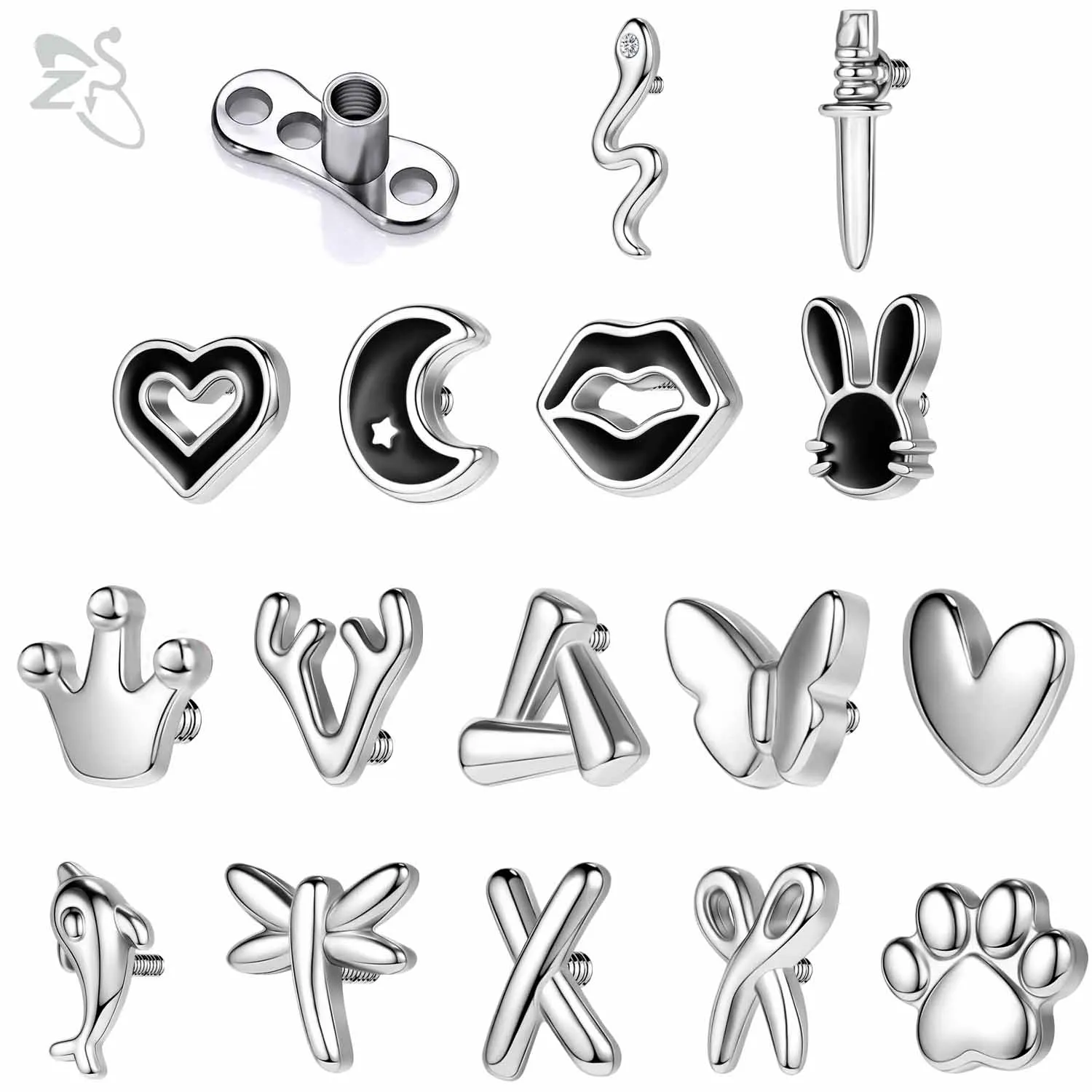 

ZS 1PC 16G Stainless Steel Micro Dermal Piercing for Women Heart Butterfly Snake Rabbit Dermal Anchor Skin Surface Piercings