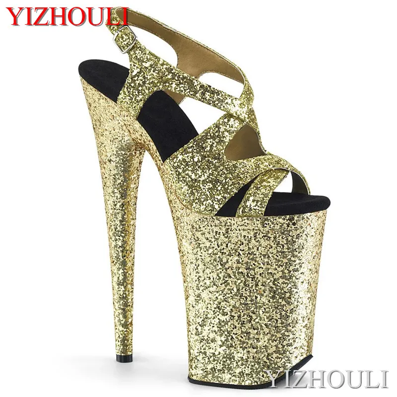 

9 inch high heel sandals, cross-sequined vamp, bag heel 23 cm stiletto, fashion model pole dance shoes