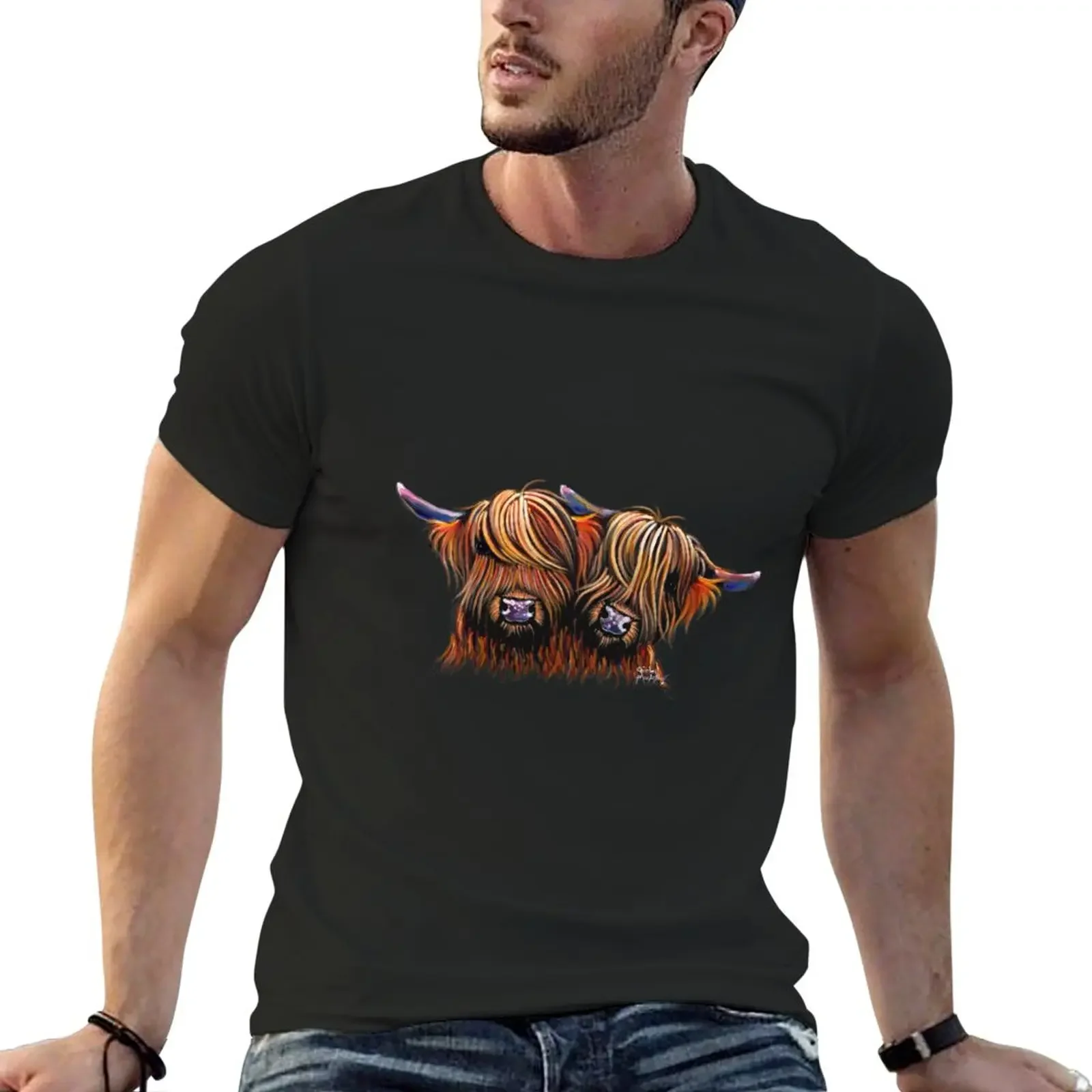 

Scottish Highland Cow PRiNT ' PALS ' by Shirley MacArthur T-Shirt anime summer tops plain white t shirts men