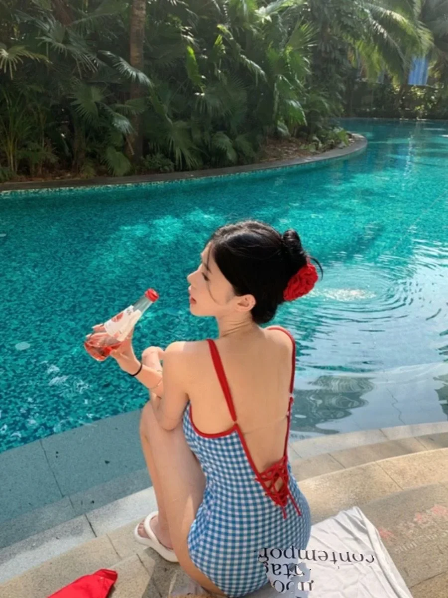 2024 Young Girls Pure Retro One-piece Beachwear Women's Swimsuit INS Style Korean Style Hot Spring Sexy Beach Bikini