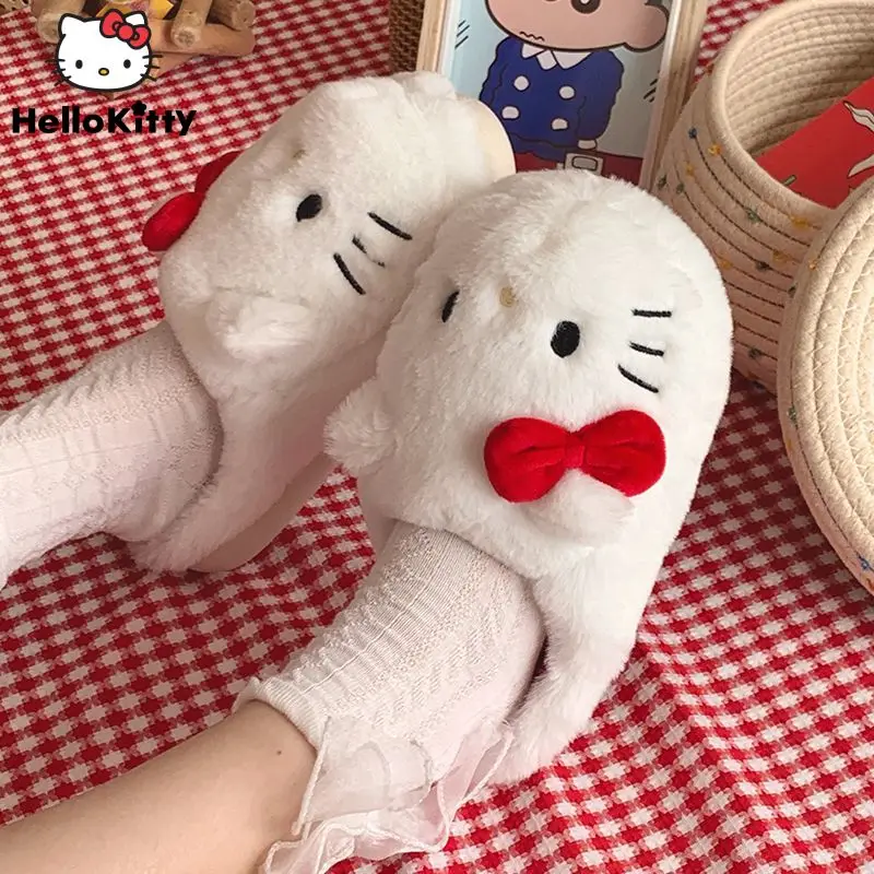 

Женские плюшевые тапочки Sanrio, Hello Kitty, Новинка осени и зимы, хлопковые тапочки Ins, Нескользящие комнатные пушистые туфли Kawaii Anime Y2k