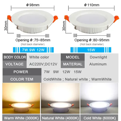 LED 방수 통 밝기 조절 IP65 주방 220V 12V 7W 9W 12W 15W, 욕실 화장실 처마 흰색 천장 램프 스포트 라이트 3
