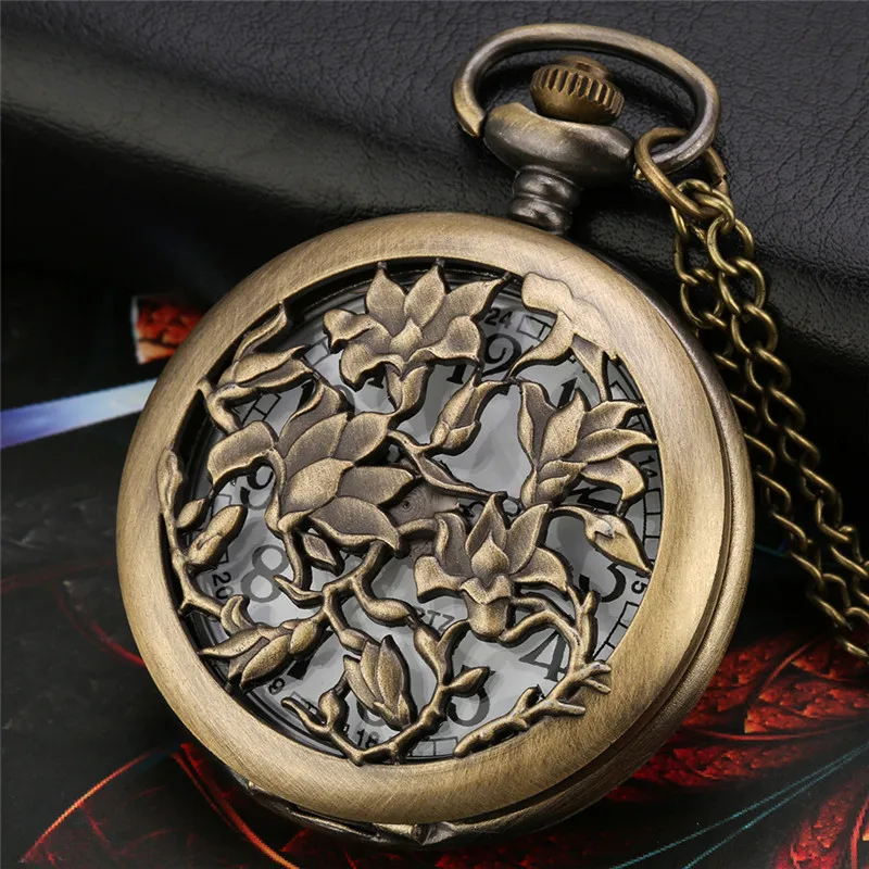 Часы в стиле ретро, антикварные карманные часы с полым цветочным дизайном, бронзовое раннее ожерелье, коллекционная цепочка для свитера