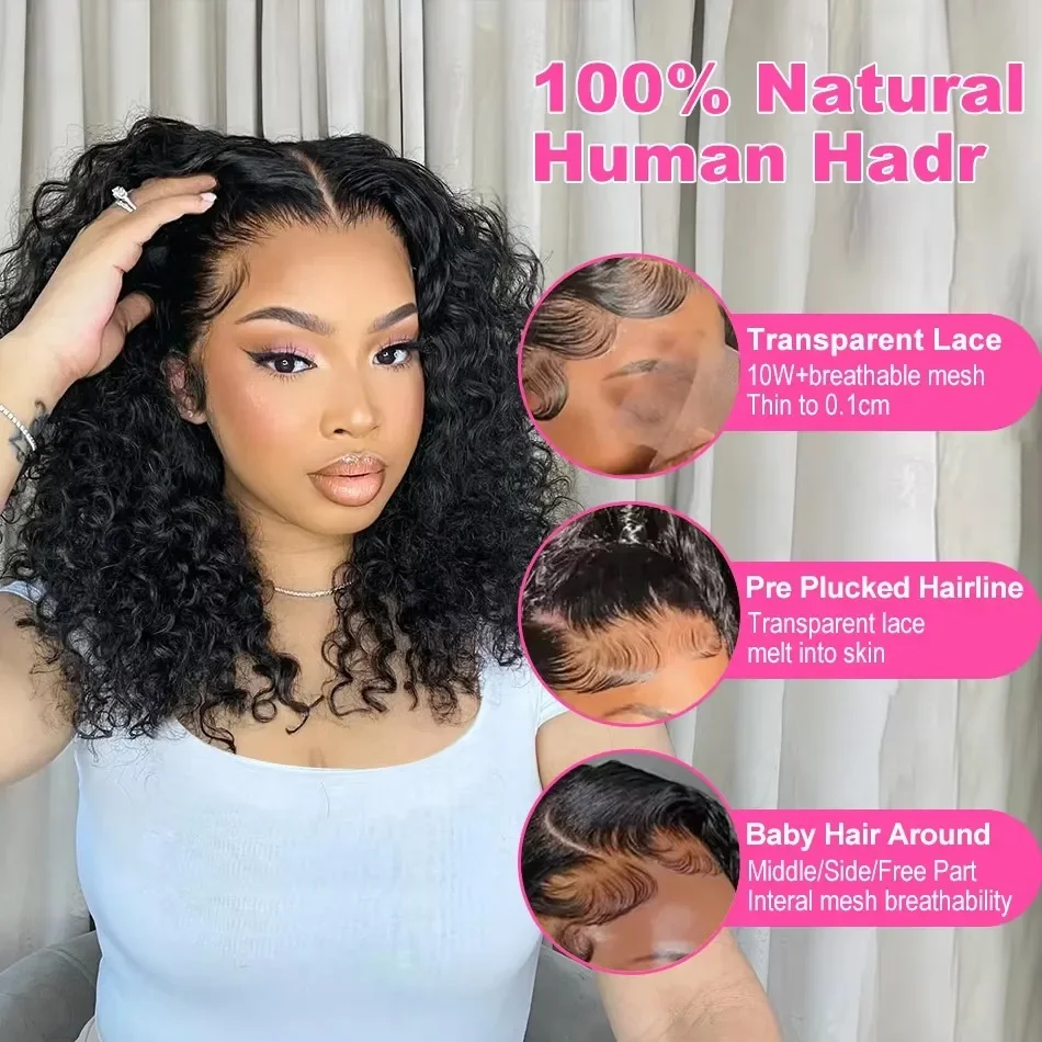 200 Dichte Naturfarbene Lockige Kurze Bob Echthaar-Perücke 13x4 HD Deep Water Wave Lace Front Perücke 8-14 Kurze Zoll Remy-Haar – Detail 9