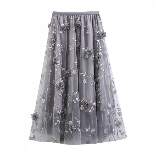 maxi skirts for women Luxury Woman Skirts 2021 Korean style Fashion Elastic Waist Appliques Embroidery Floral Mesh Skirt Long Gauze Ball Gown Gray black mini skirt