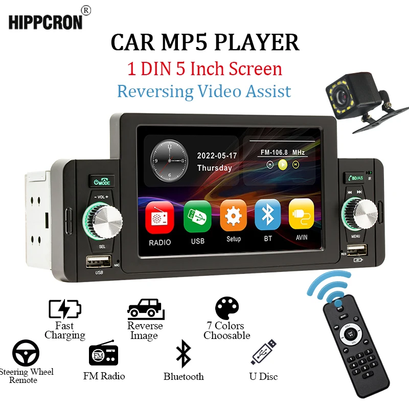 Hippcron Car Radio 1 din Auto Multimedia MP5 Player 5” Touch Screen
