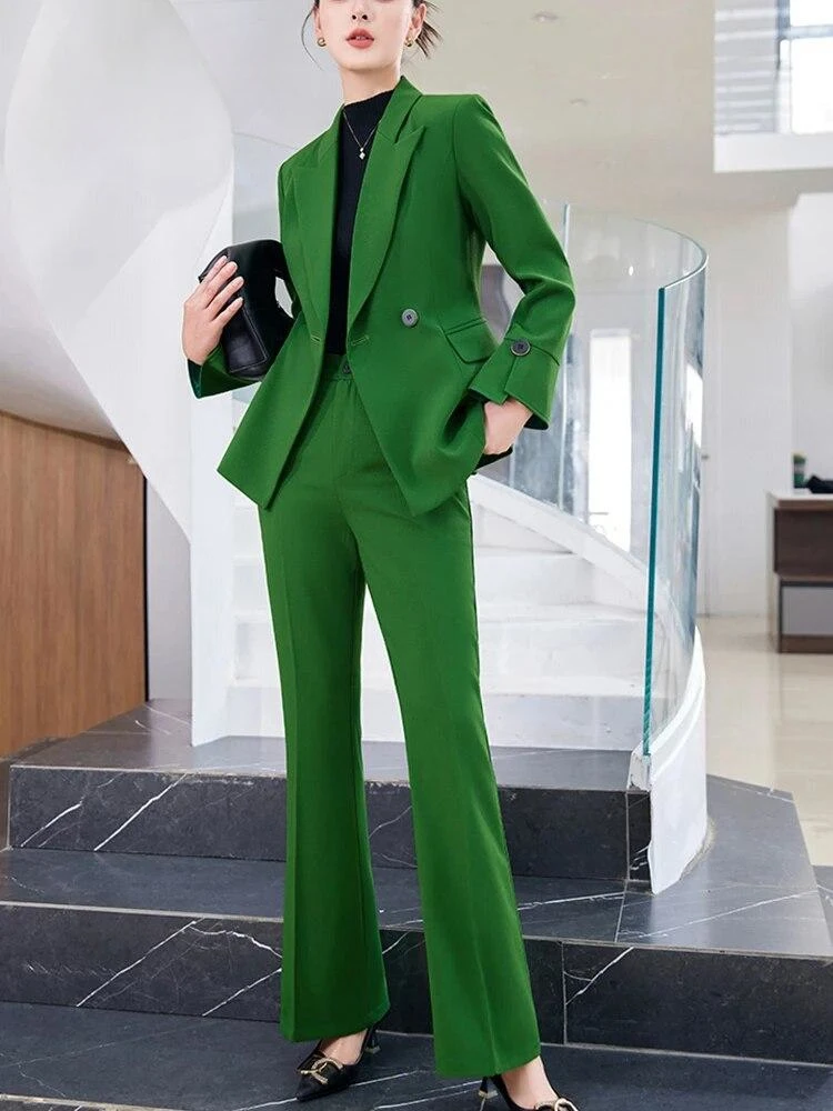 Autumn korean Style Business Chic Office Lady Green Blazer Suit for Women Plus Size Jacket Pant Sets 2Piece Outfit Trousers Suit