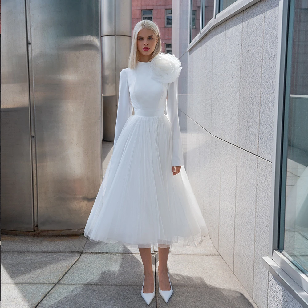 

Exquisite A-line Mid-Calf Wedding Dresses for Women High Collar Bridal Growns with White Flowers Vestidos De Novia Backless 2024