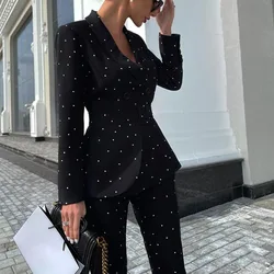 Mulheres terno impresso jaqueta calças de duas peças terno outono e inverno terno preto polka dot manga longa jaqueta blezer
