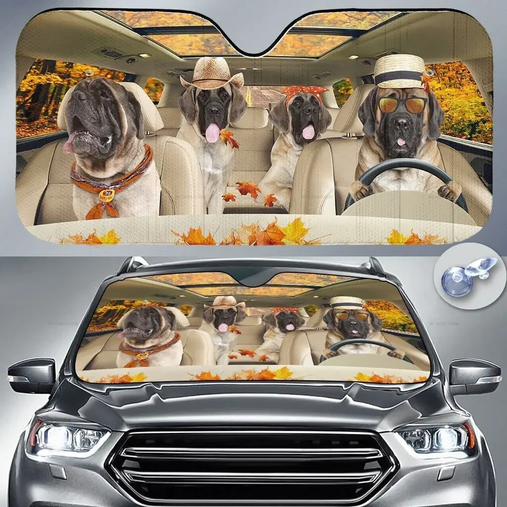 

English Mastiff Dog Family Driving Autumn Leaves Car Sunshade Windshield Window, Gift for Dog Mom Car Windshield Auto Visor