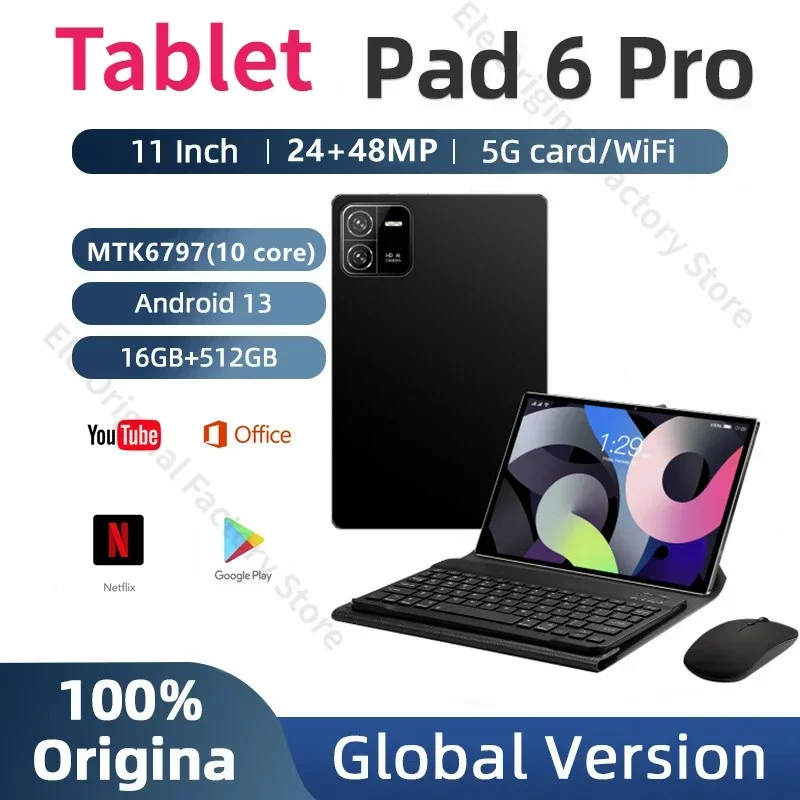 

Global Version New Pad 6 PRO Tablet 11 Inch Android13 16G 512GB Deca Core 5G Dual SIM Phone Call Bluetooth WiFi Google Tablet